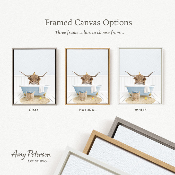The image is a framed canvas option showcasing three different frame colors: gray, natural, and white. The canvas features a bull with horns in a bathtub, and the frame color options are displayed below the canvas.