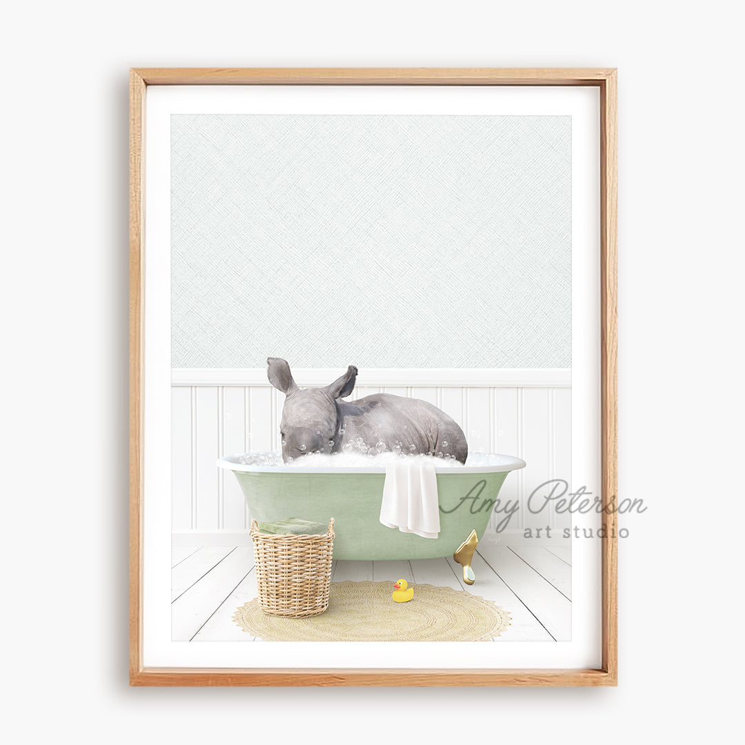 a painting of a rabbit taking a bath in a green bathtub