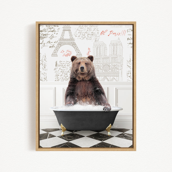 A brown bear sitting in a bathtub filled with water, surrounded by a checkered floor and a wall with the Eiffel Tower and other Parisian landmarks.