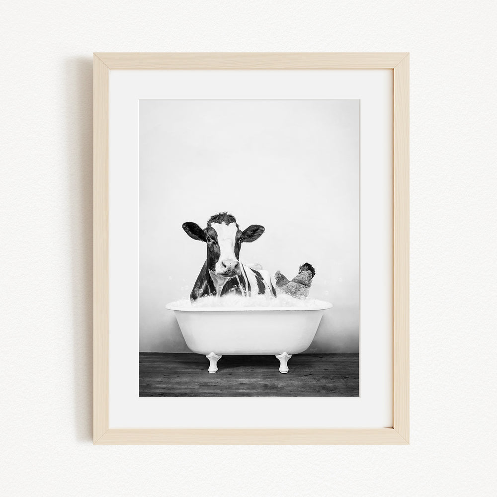 A black and white photograph of a cow sitting in a bathtub, with a person sitting next to it.