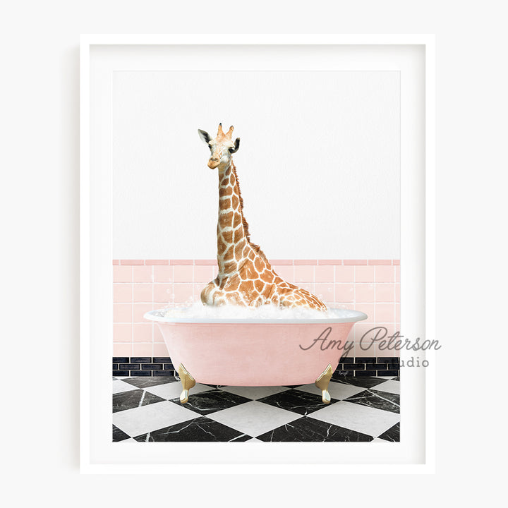 a giraffe sitting in a bathtub on a tiled floor