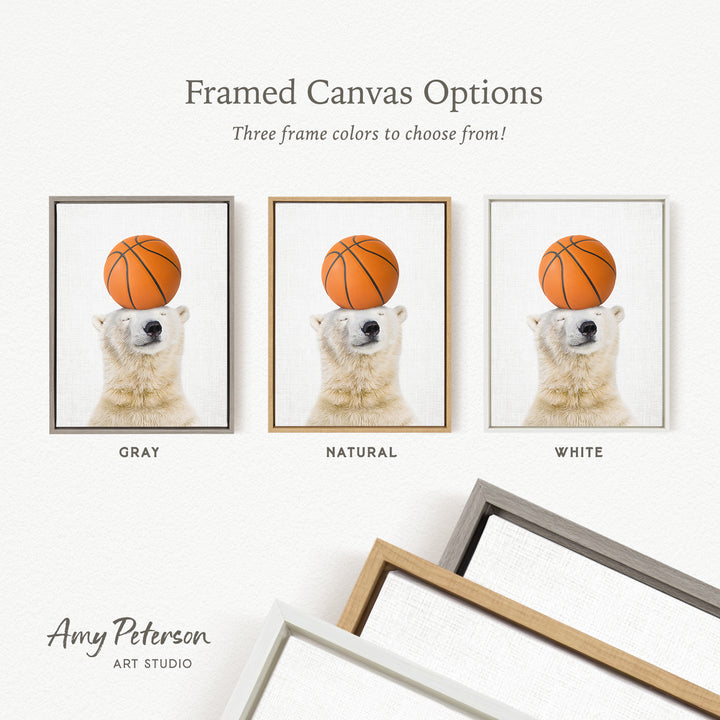 three framed canvas options featuring a polar bear balancing a basketball on its head. The options include a gray frame, a natural frame, and a white frame.