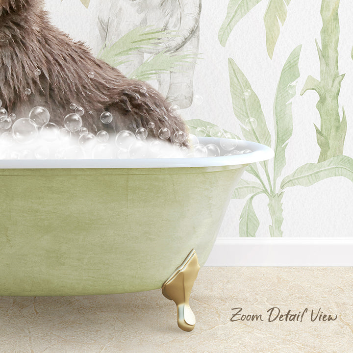 A bathtub filled with bubbles, with a brown animal, possibly a dog, sitting inside it. The bathtub has gold-colored legs and is placed against a wall with a green and white leaf pattern.
