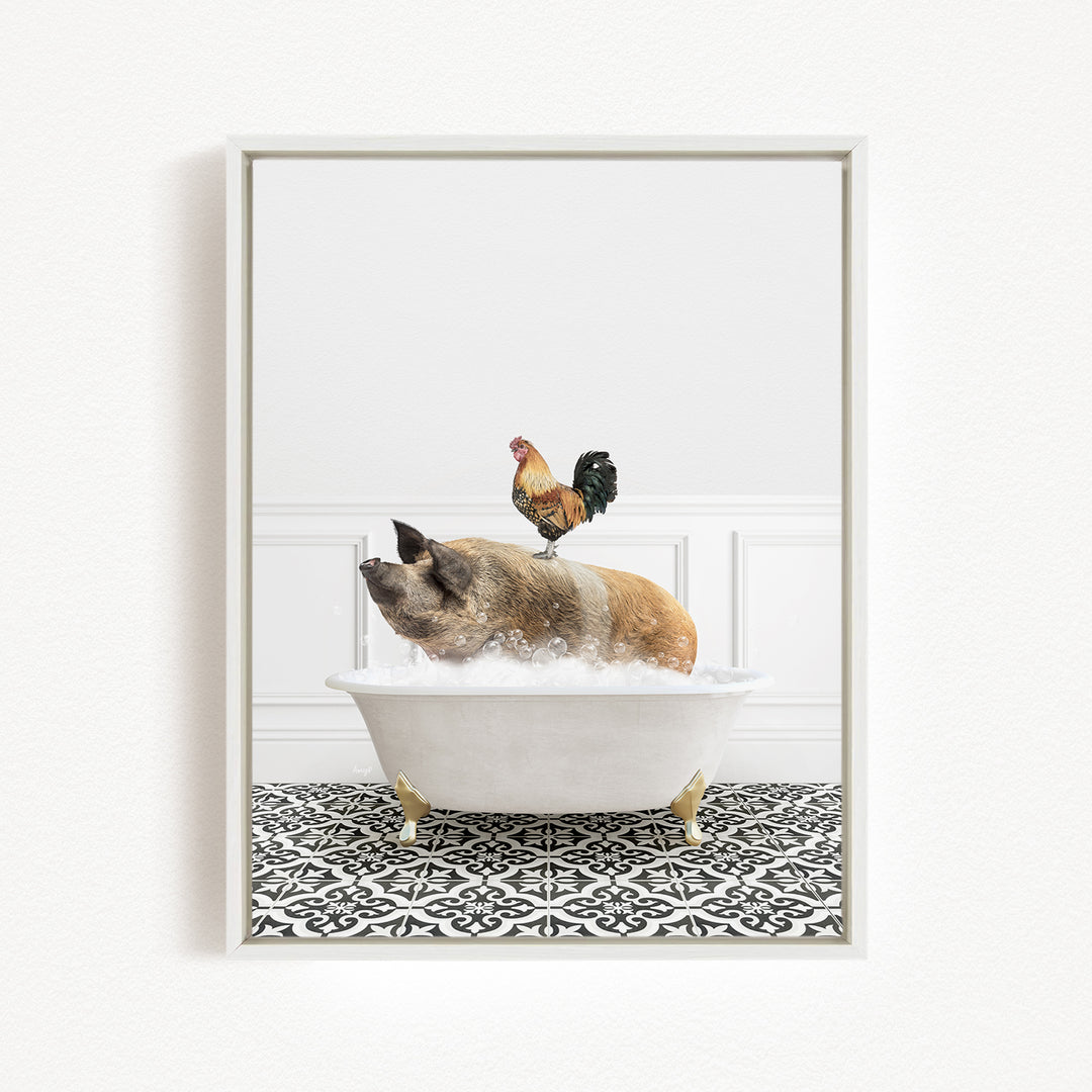 A rooster sits atop a pig in a bathtub, both appearing to enjoy the bathing experience.