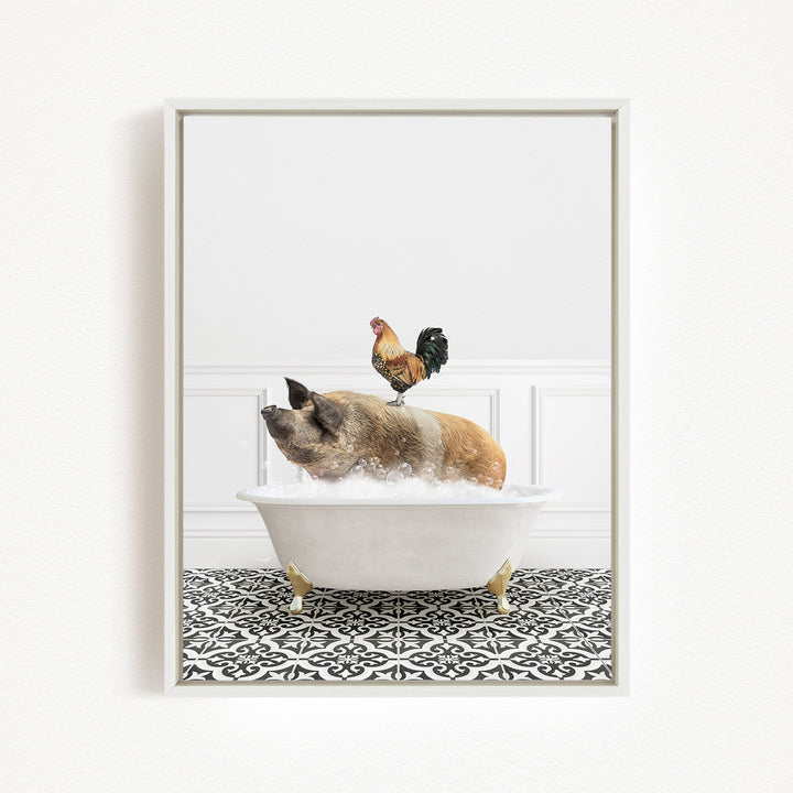 A rooster sits atop a pig in a bathtub, both appearing to enjoy the bathing experience.