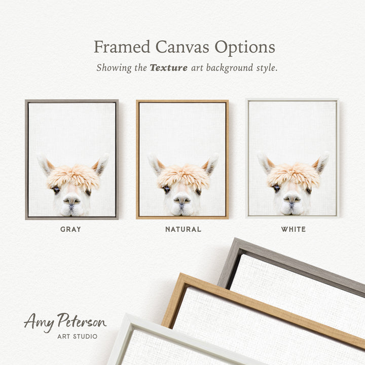 three framed canvas options, each with a different color and frame style, showcasing the texture art background style.