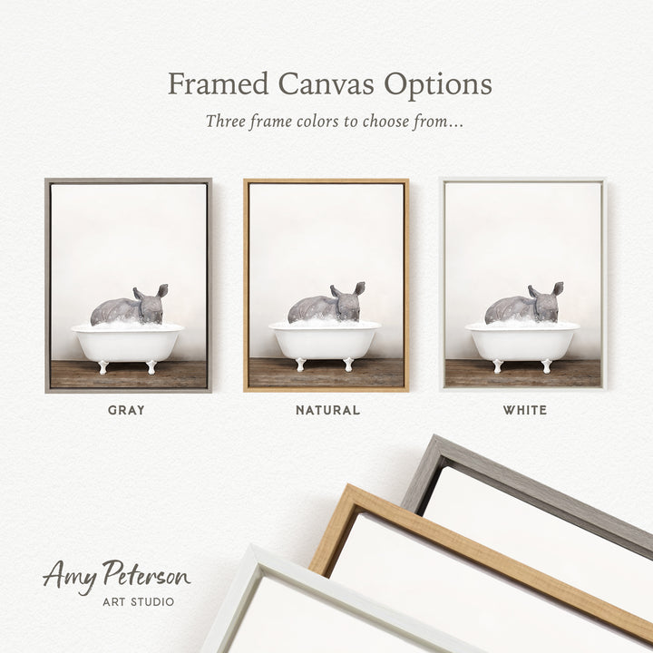 three framed canvas options, each featuring a gray rabbit sitting in a white bathtub. The options include a gray frame, a natural frame, and a white frame.
