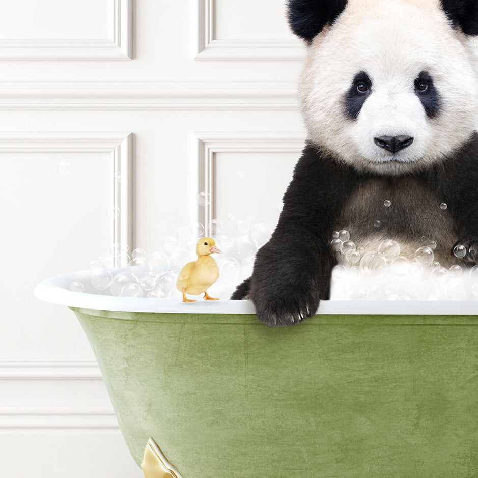 a panda bear sitting in a bathtub with bubbles