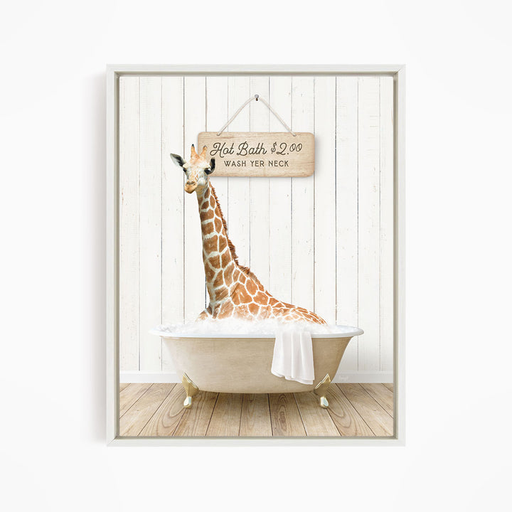 A giraffe sitting in a bathtub, with a sign above it that reads "Hot Bath $2.00 WASH YER necks".