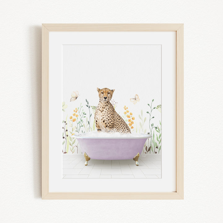 A cheetah sitting in a purple bathtub filled with water, surrounded by flowers and butterflies.