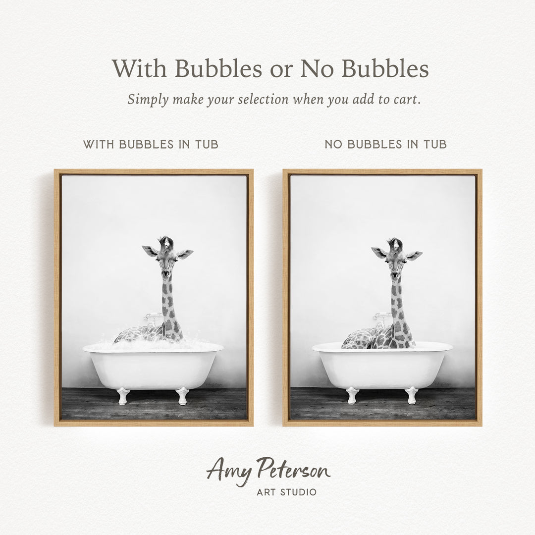 The image is a black and white photograph of a giraffe sitting in a bathtub, with the caption "With Bubbles or No Bubbles" and the text "Simply make your selection when you add to cart."