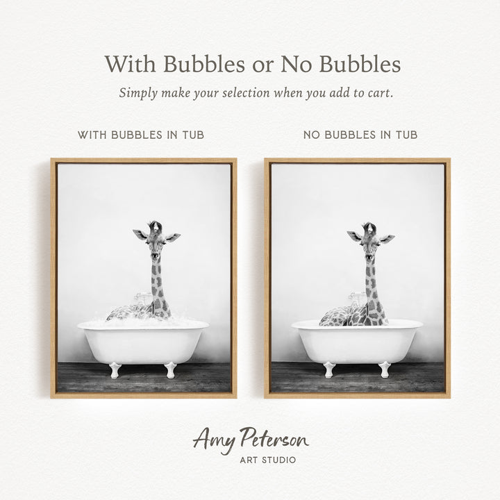 The image is a black and white photograph of a giraffe sitting in a bathtub, with the caption "With Bubbles or No Bubbles" and the text "Simply make your selection when you add to cart."