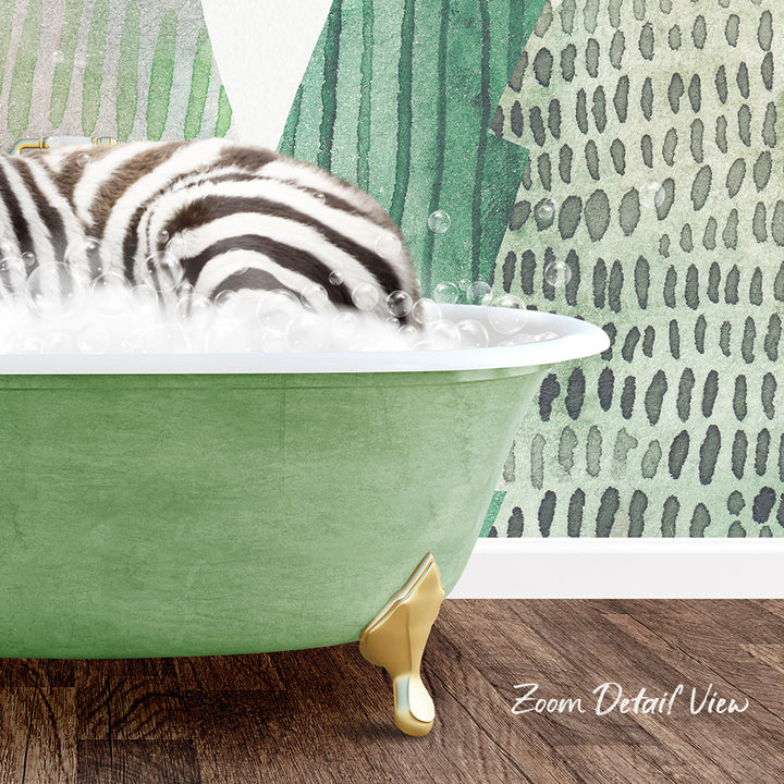 A zebra lying in a green bathtub filled with bubbles, with a patterned wall in the background.