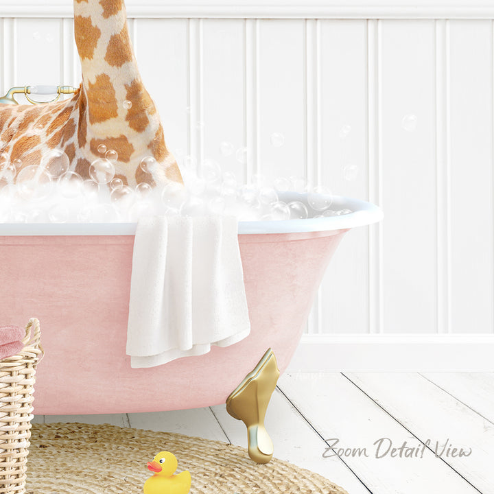 A pink bathtub filled with bubbles, with a towel and a rubber duck nearby.