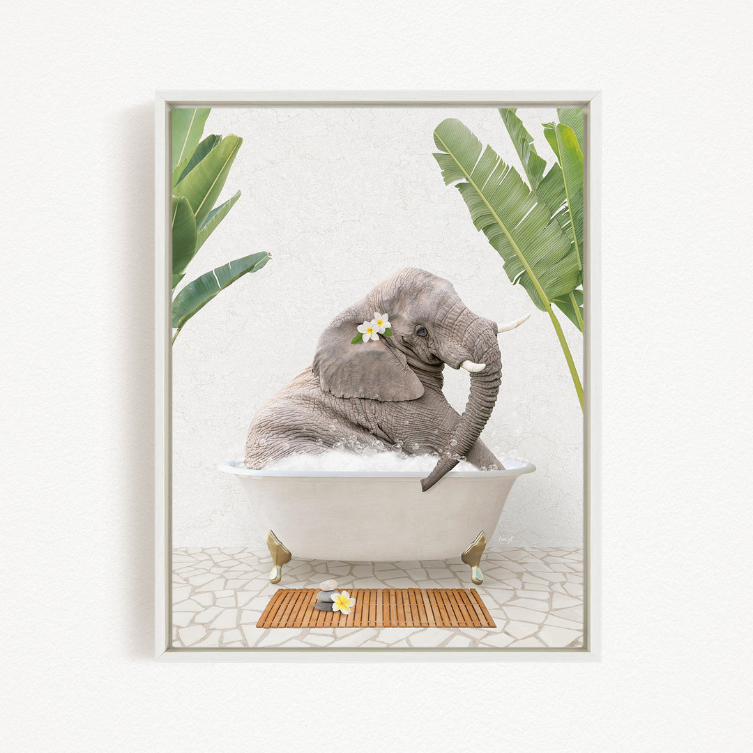 A gray elephant is sitting in a white bathtub, surrounded by green leaves and flowers, creating a whimsical and relaxing scene.