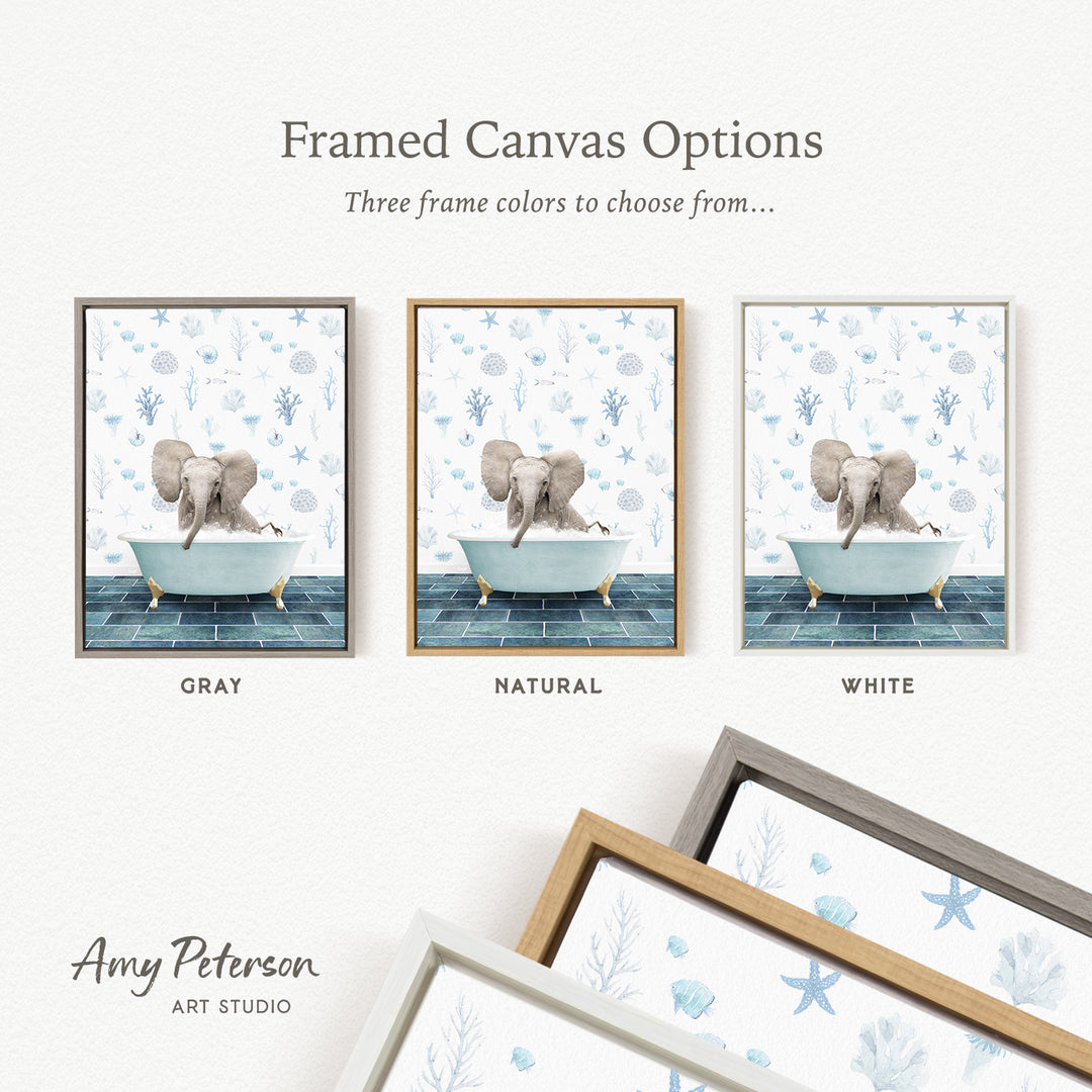 three framed canvas options featuring a gray elephant in a bathtub, with each option having a different frame color: gray, natural, and white.