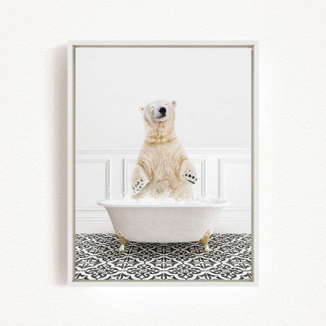 A polar bear standing in a white bathtub filled with water, with its paws raised in the air.