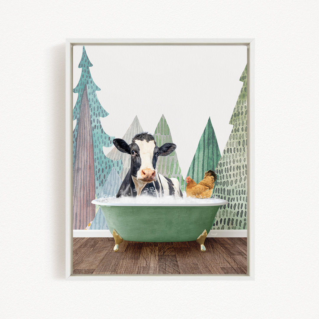 A black and white cow is sitting in a green bathtub, surrounded by a forest scene with trees and a bird.