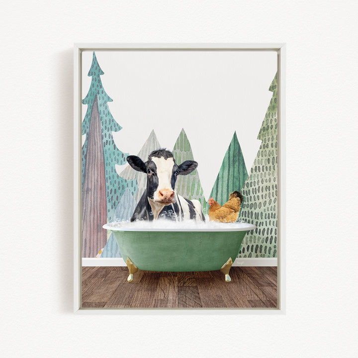 A black and white cow is sitting in a green bathtub, surrounded by a forest scene with trees and a bird.