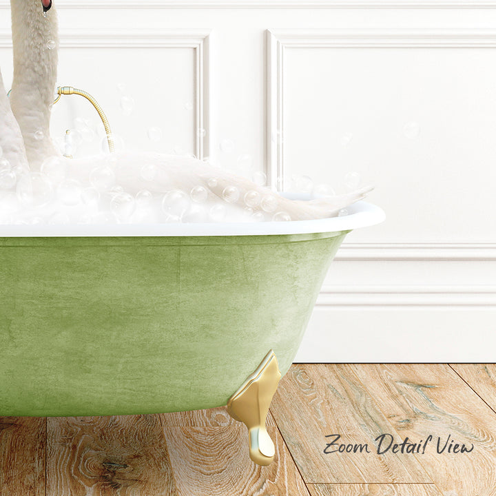 A green clawfoot bathtub filled with bubbles, with a person sitting inside it.