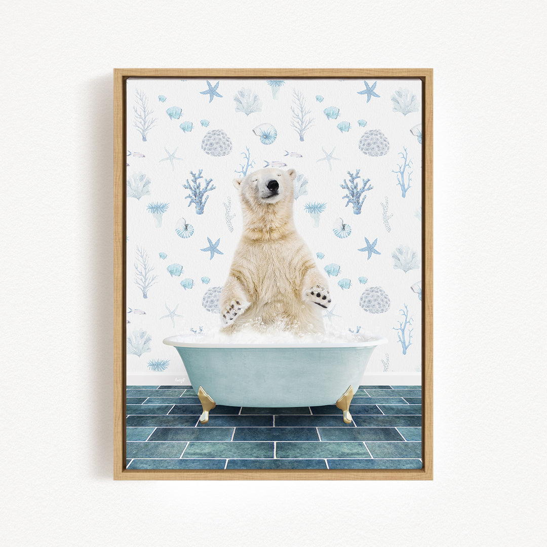 A polar bear sitting in a bathtub filled with water, surrounded by various marine life and plants.