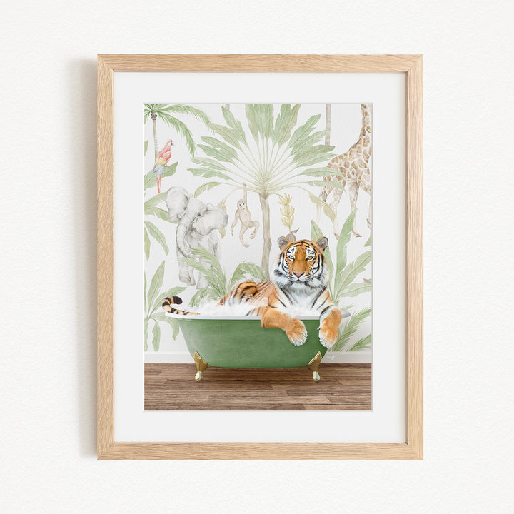 A tiger is sitting in a green bathtub, surrounded by a tropical jungle scene with palm trees, a giraffe, and other animals.