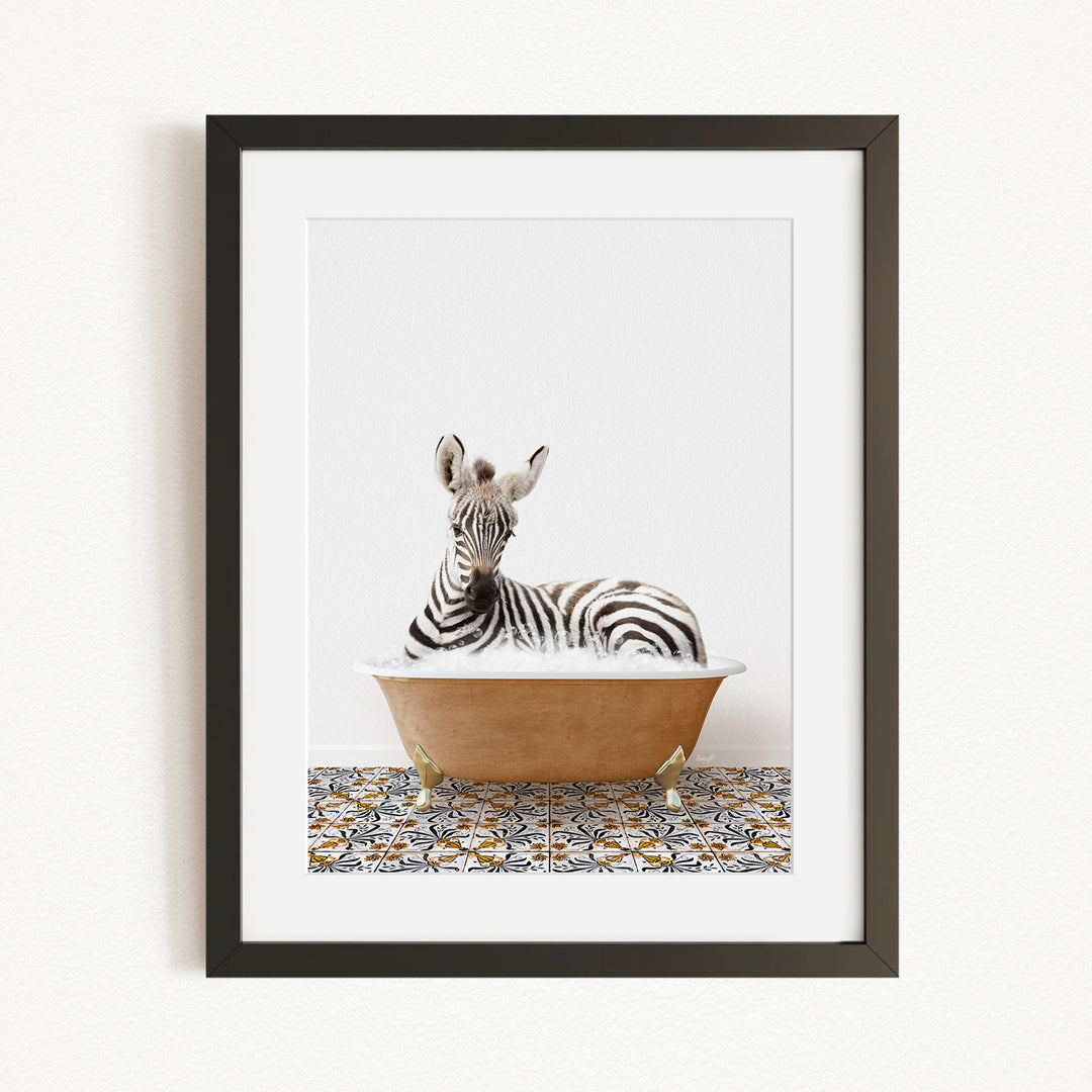 A zebra is sitting in a bathtub filled with water, surrounded by a patterned tile floor.