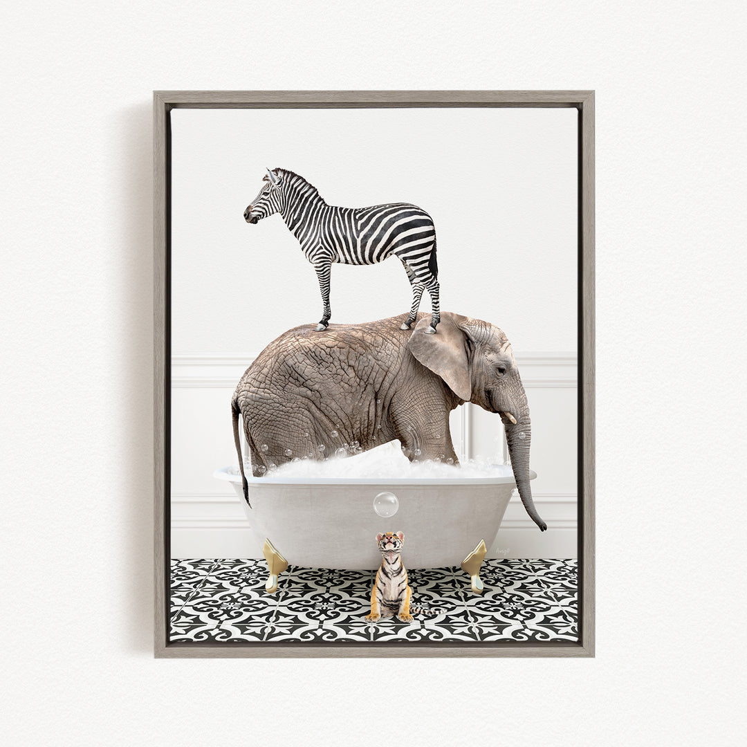 A zebra standing on the back of an elephant, with a small tiger figurine sitting in a bathtub in the foreground.