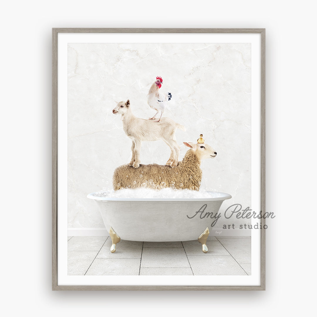 a goat and two sheep are standing on top of a bathtub