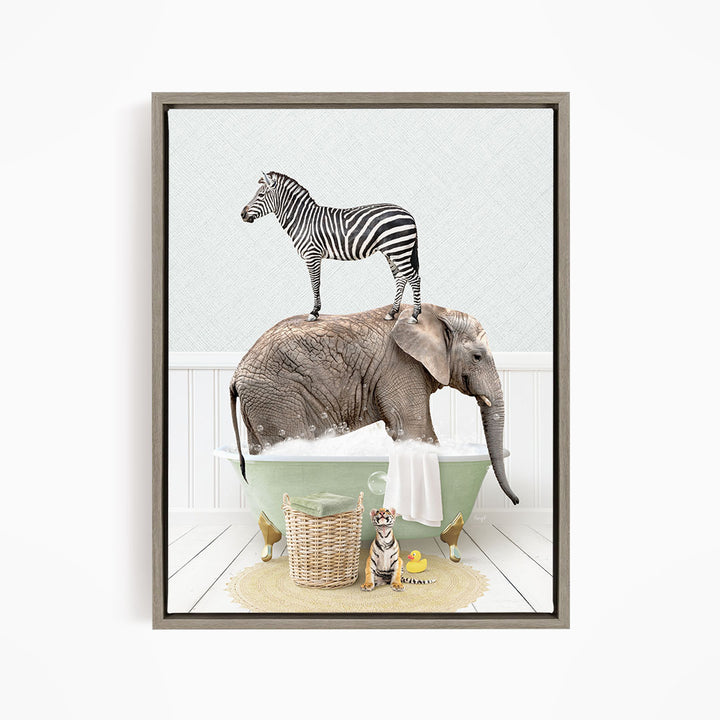 A zebra standing on an elephant's back, both in a bathtub, with a small cat sitting nearby.