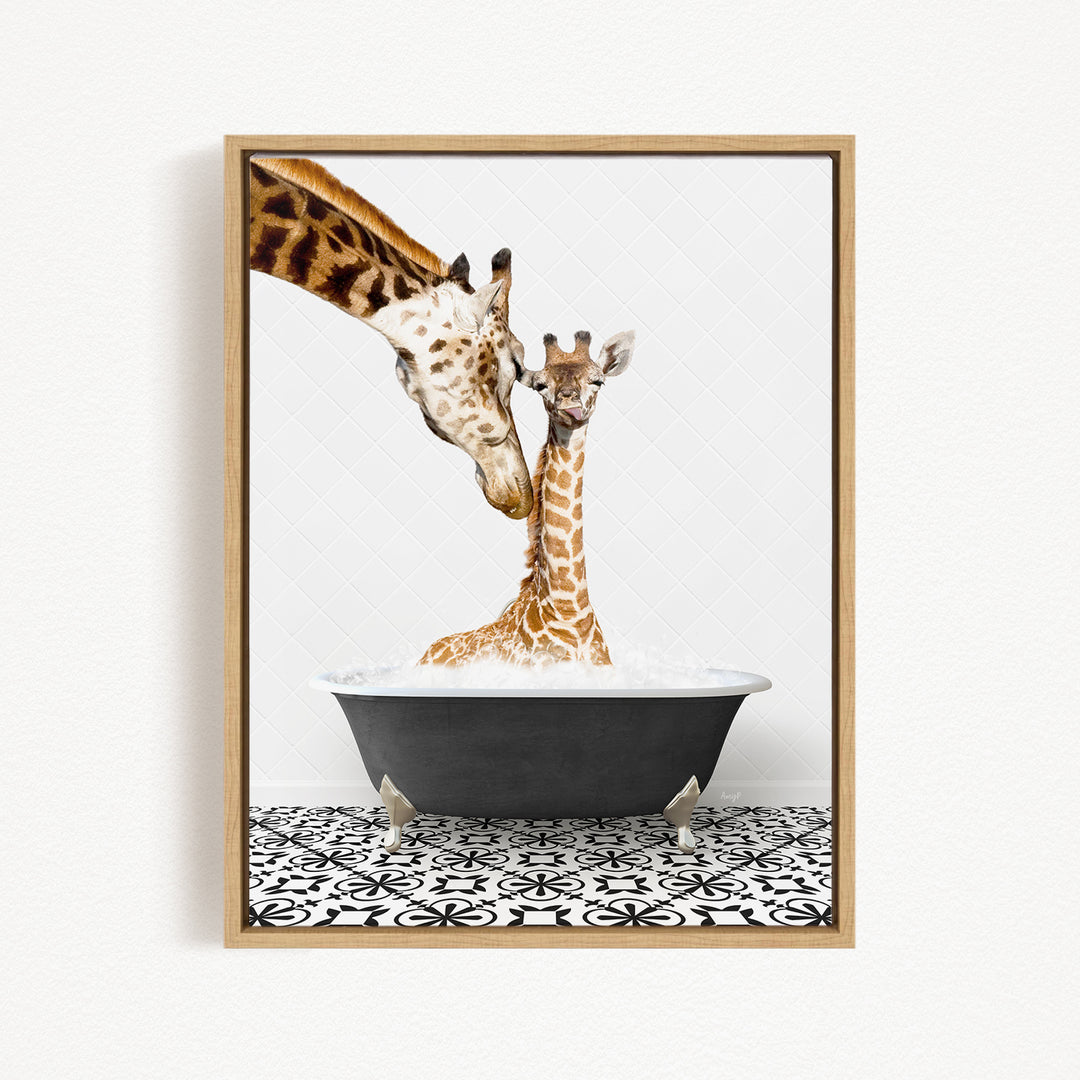 A mother giraffe and her baby giraffe are sitting together in a bathtub filled with water, creating a heartwarming scene.