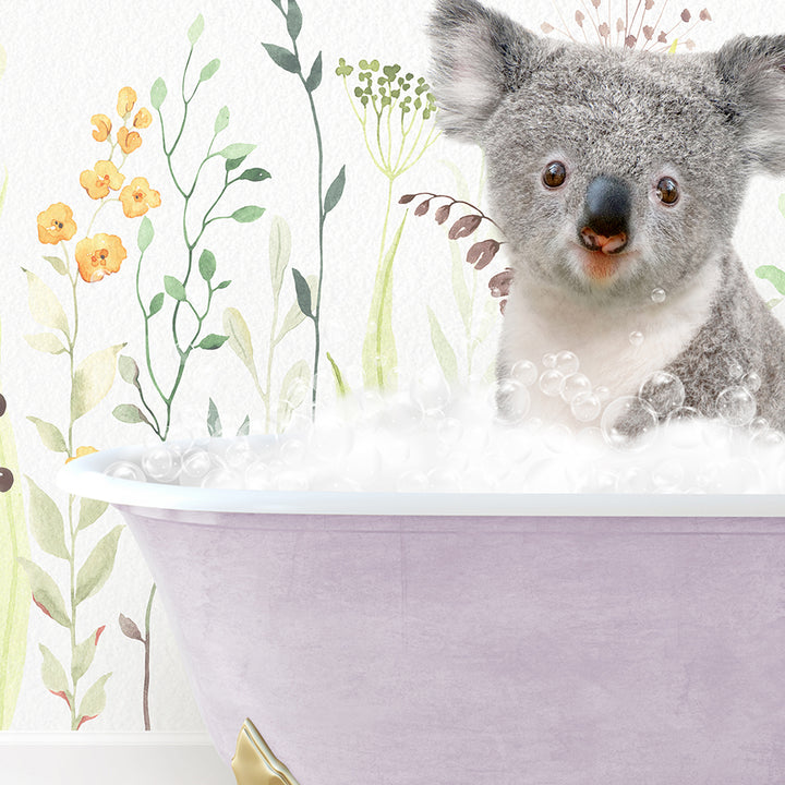 a koala sitting in a bathtub with flowers on the wall behind it