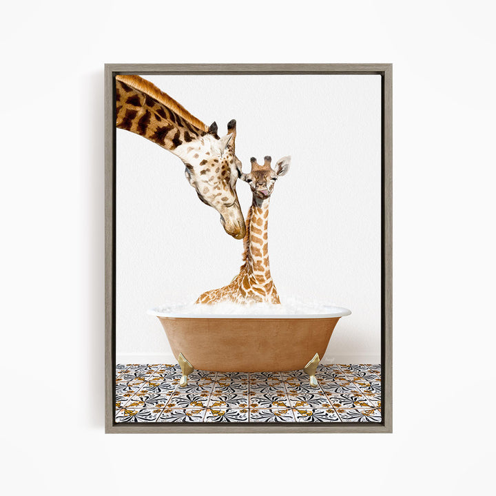 A mother giraffe and her baby giraffe are sitting together in a bathtub filled with water, with the mother gently licking her baby.