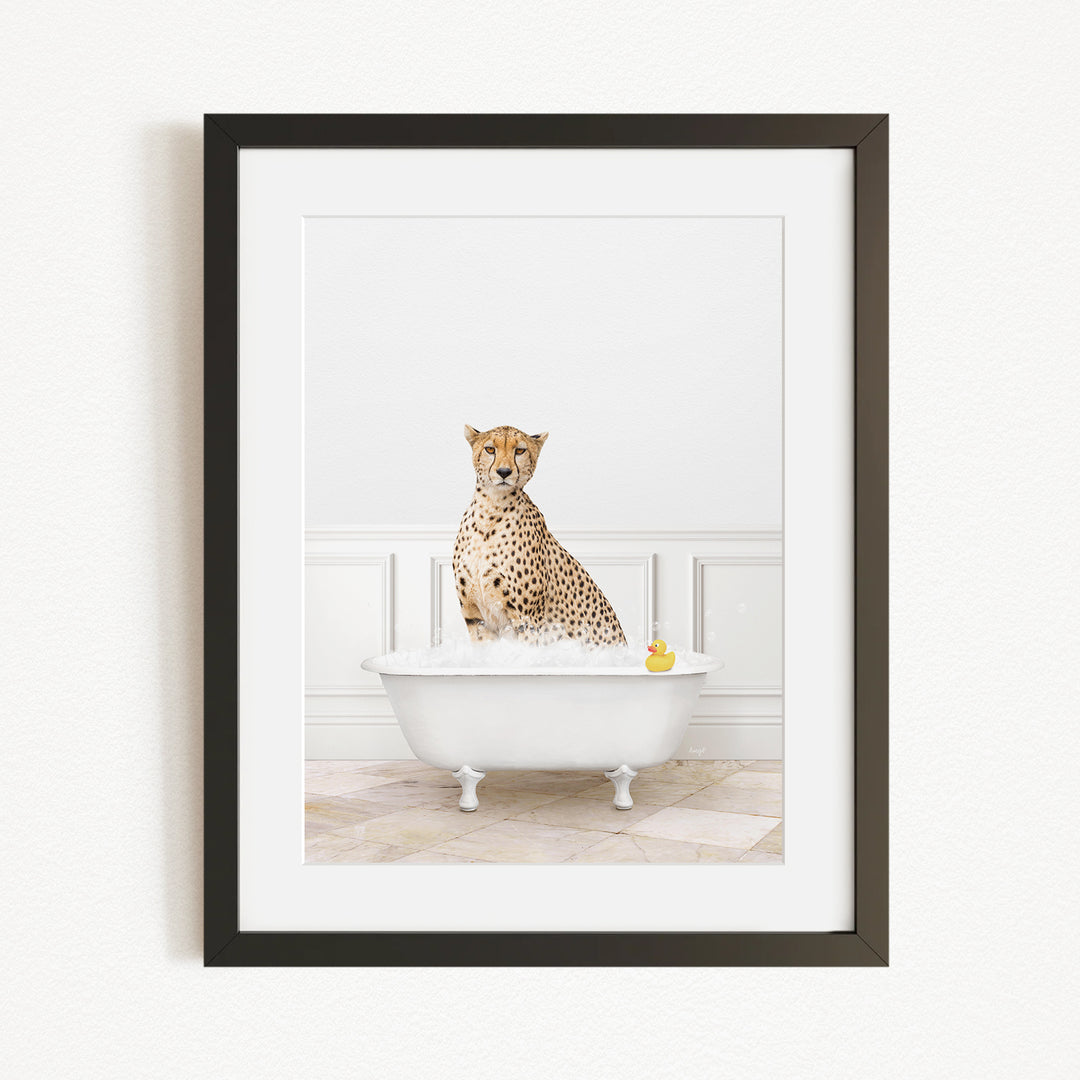 A cheetah sitting in a white bathtub filled with water, with a yellow rubber duck floating in the water.