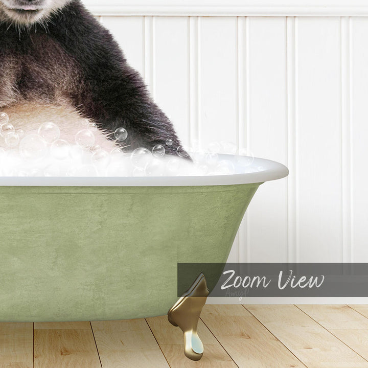 A cat sitting in a green bathtub filled with bubbles, with the text "Zoom View" displayed below the image.