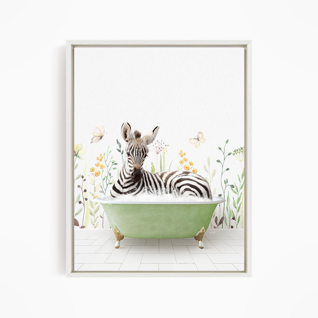 A zebra is sitting in a green bathtub, surrounded by flowers and butterflies, creating a whimsical and playful scene.