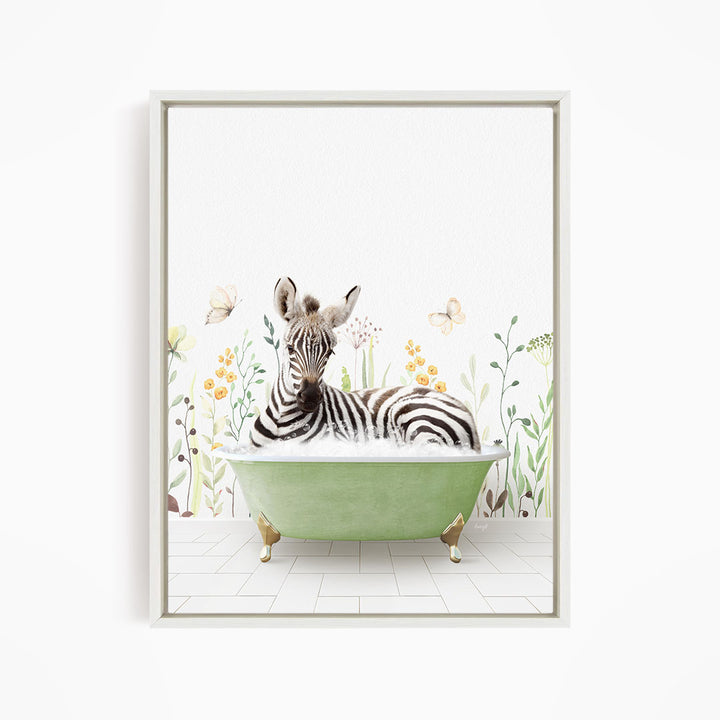 A zebra is sitting in a green bathtub, surrounded by flowers and butterflies, creating a whimsical and playful scene.