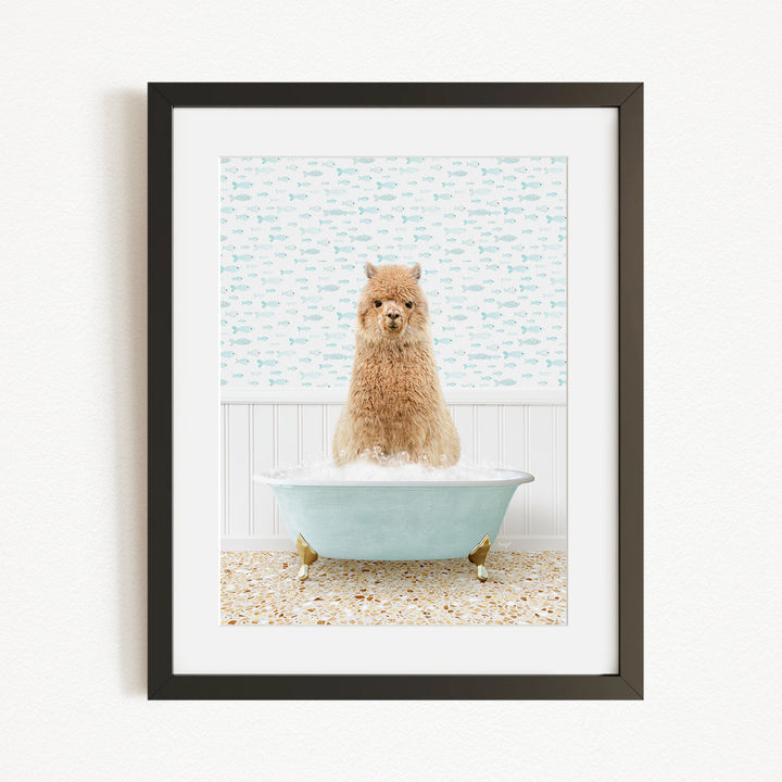 A small brown dog sitting in a light blue bathtub filled with bubbles, with a patterned wall behind it.