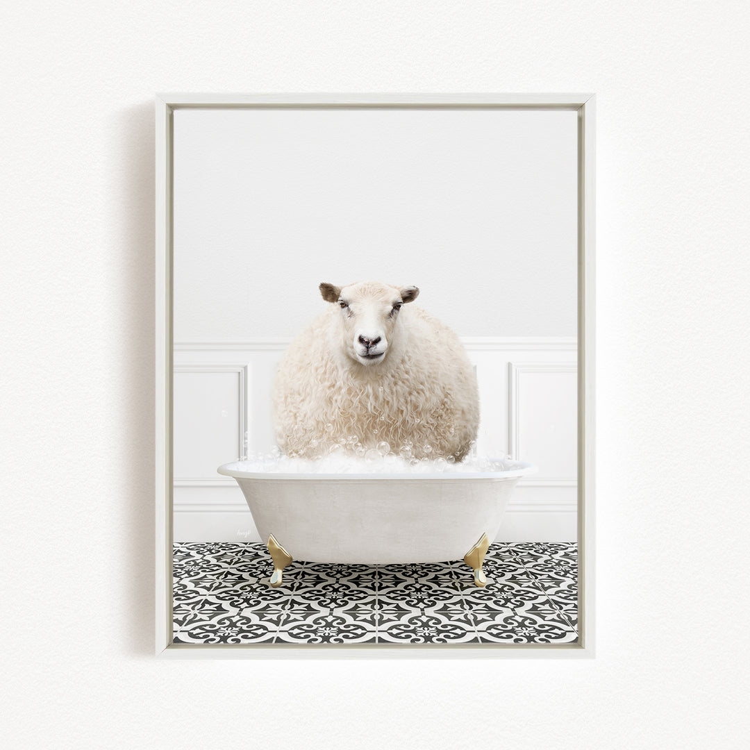 A fluffy white sheep sits in a white bathtub filled with bubbles, creating a whimsical and playful scene.