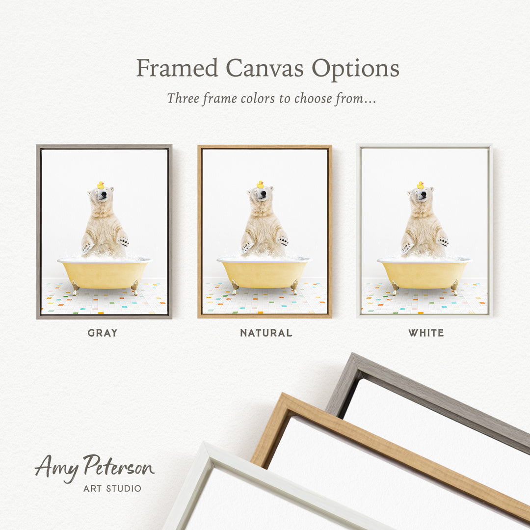 three framed canvas options, each featuring a bear sitting in a tub with a yellow rubber duck. The options include a gray frame, a natural frame, and a white frame.