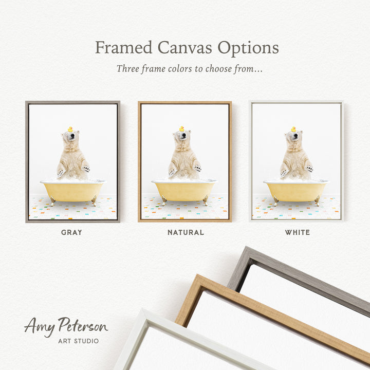 three framed canvas options, each featuring a bear sitting in a tub with a yellow rubber duck. The options include a gray frame, a natural frame, and a white frame.