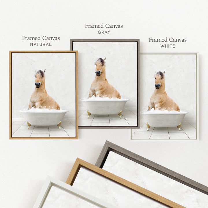 three framed pictures of a horse sitting in a bathtub, each with a different colored frame.