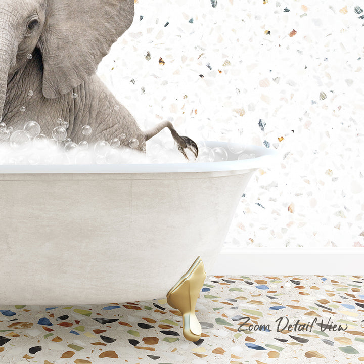 A large elephant is taking a bath in a white bathtub, surrounded by bubbles, with a mosaic floor in the background.