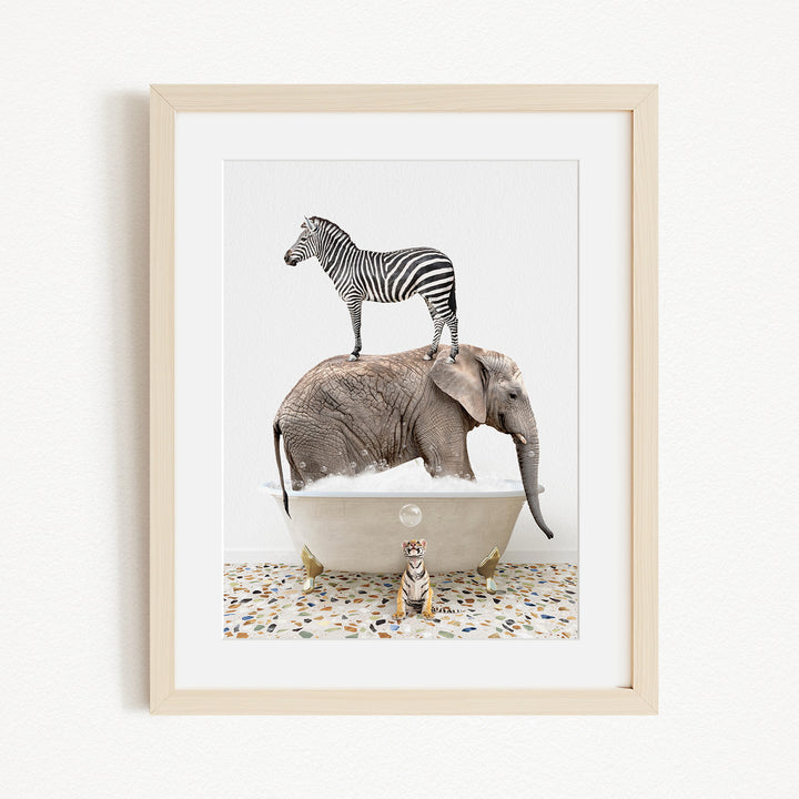 A zebra standing on an elephant's back, with a tiger sitting in a bathtub in the foreground, creating a whimsical and surreal scene.
