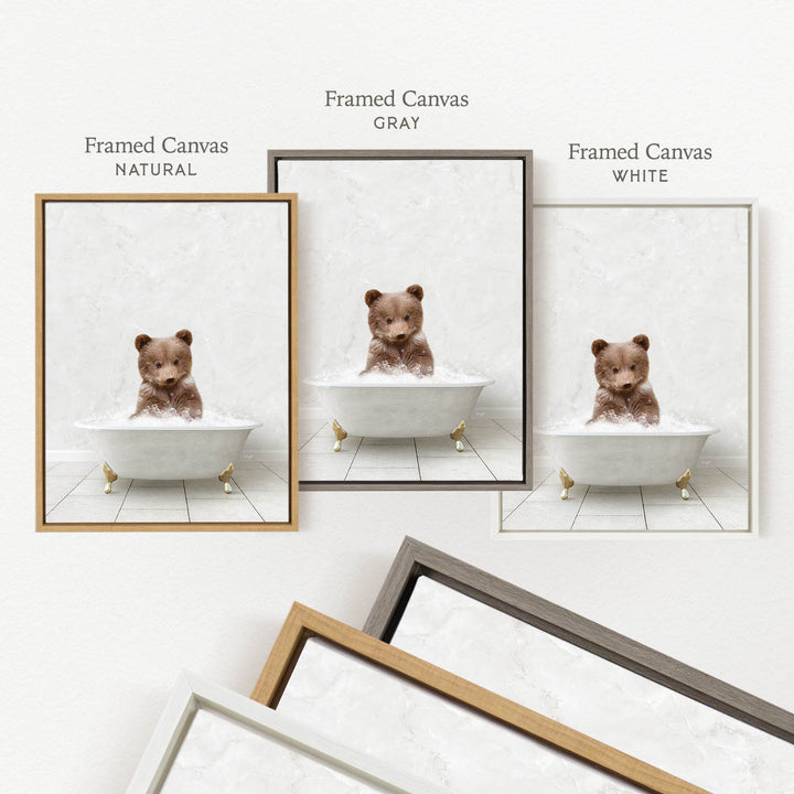 a brown bear sitting in a white bathtub, surrounded by three framed pictures of the same scene.