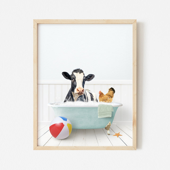 a picture of a cow in a bathtub with a beach ball