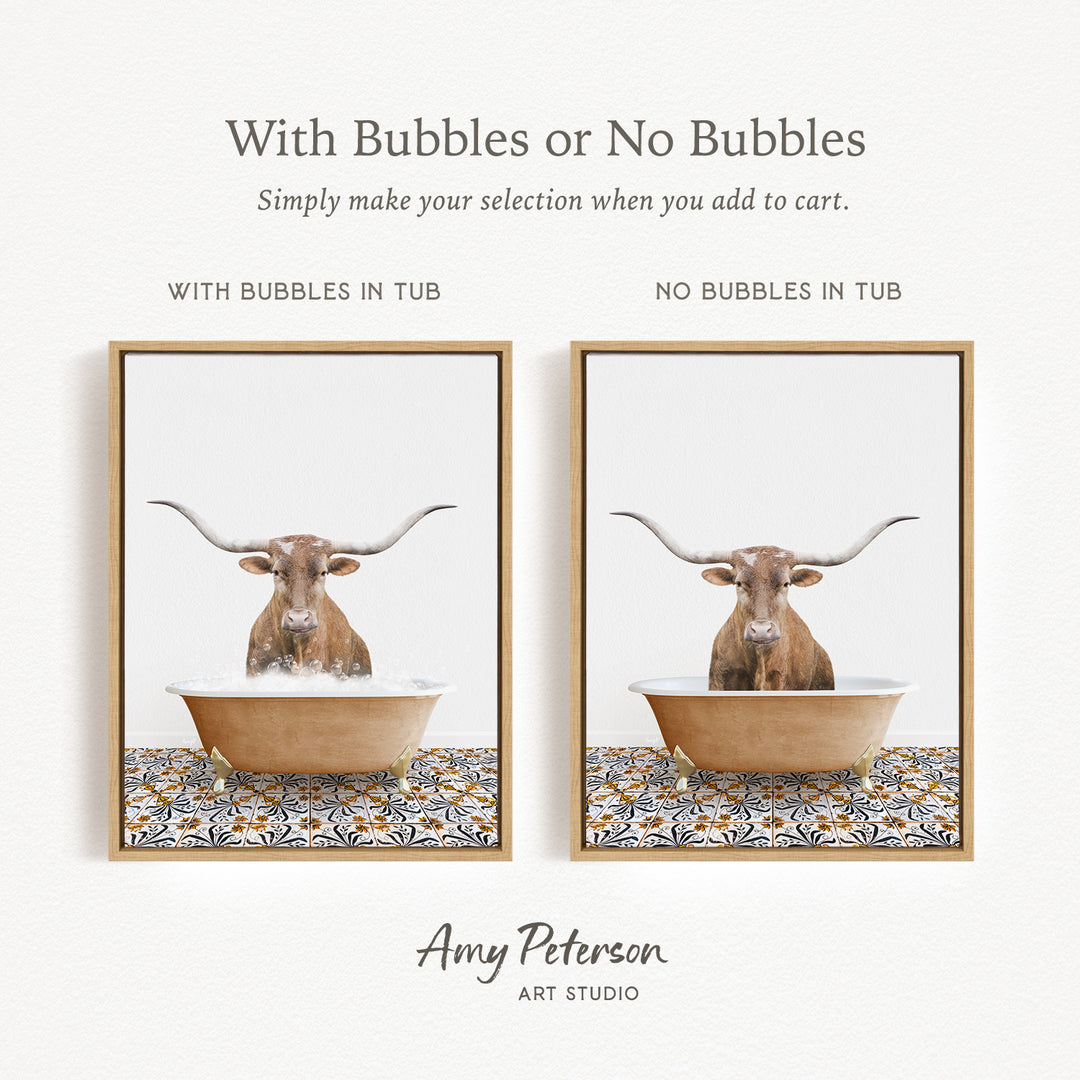 The image is a collage of two framed pictures, each depicting a bull with horns in a tub. The bull in the tub has bubbles, while the bull in the tub without bubbles is depicted in a plain tub. The collage is titled "With Bubbles or No Bubbles" and is created by Amy Peterson from Art Studio.