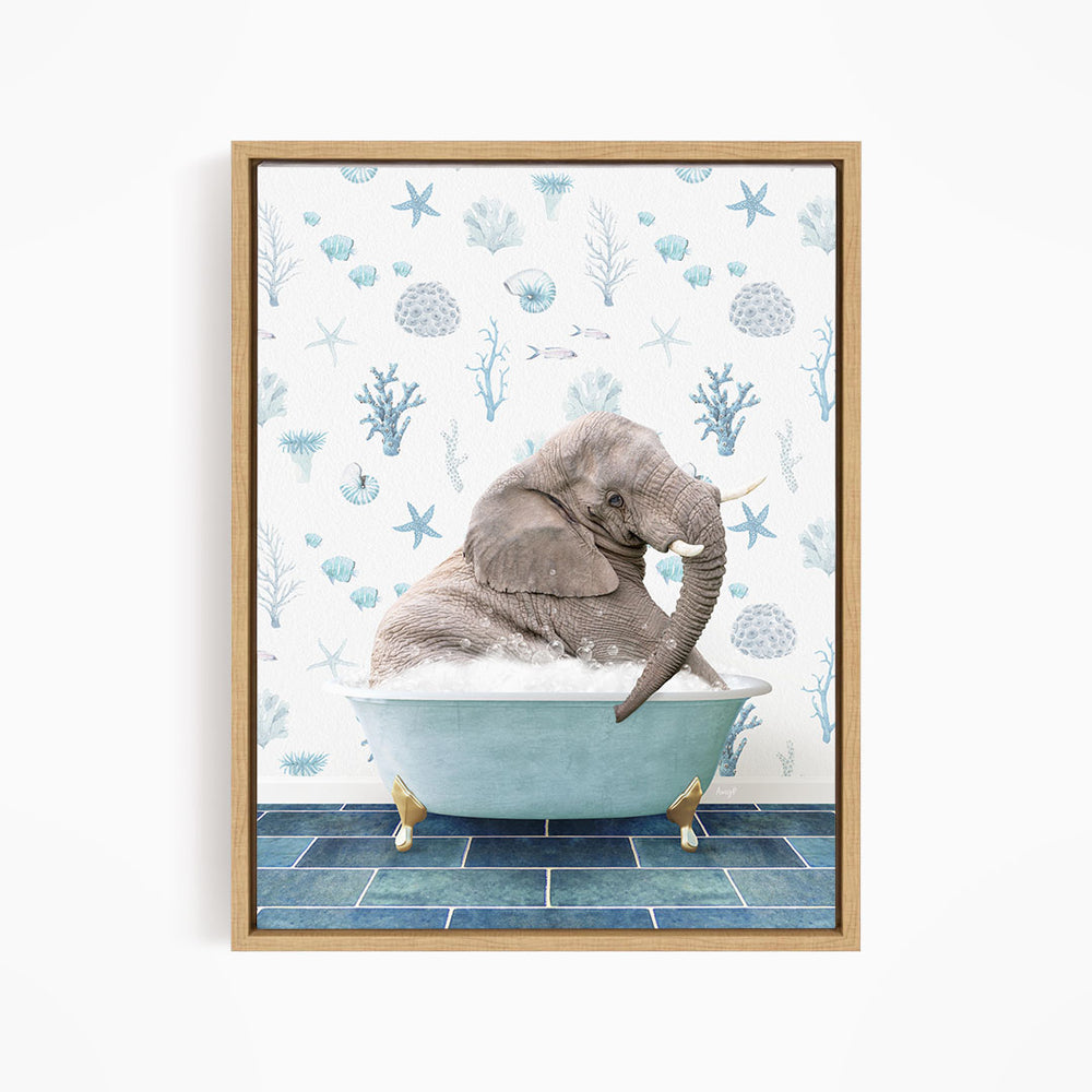 An elephant sitting in a blue bathtub filled with water, surrounded by various marine life and plants.