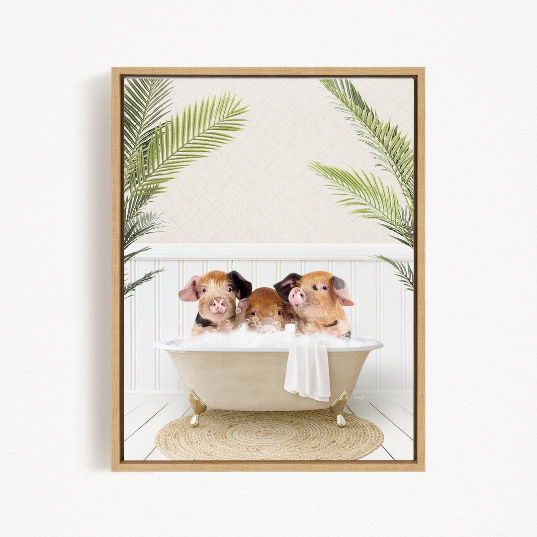Three adorable pigs sitting in a bathtub, surrounded by palm leaves, creating a whimsical and playful scene.