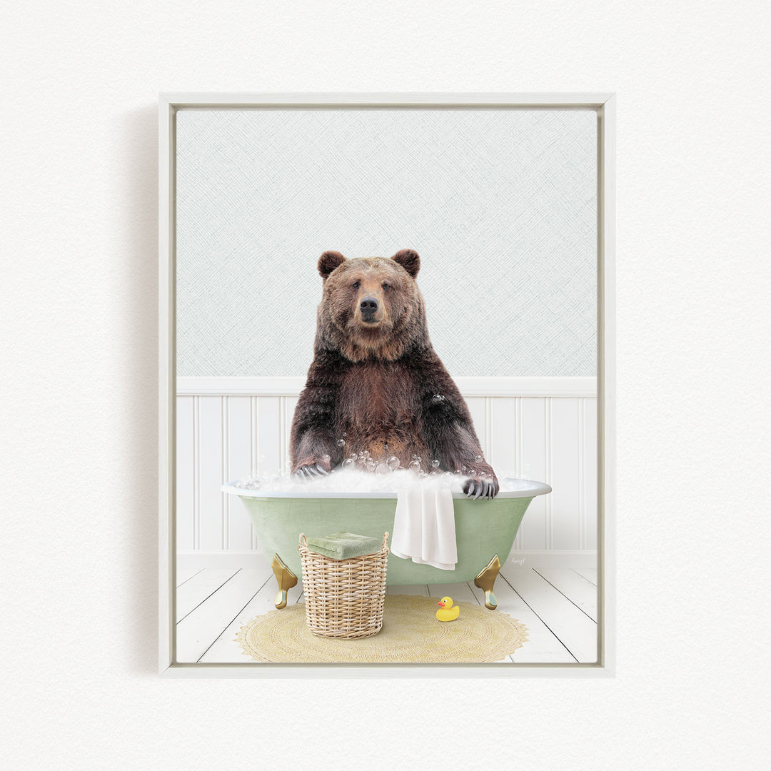 A large brown bear sitting in a green bathtub filled with water, surrounded by rubber ducks.